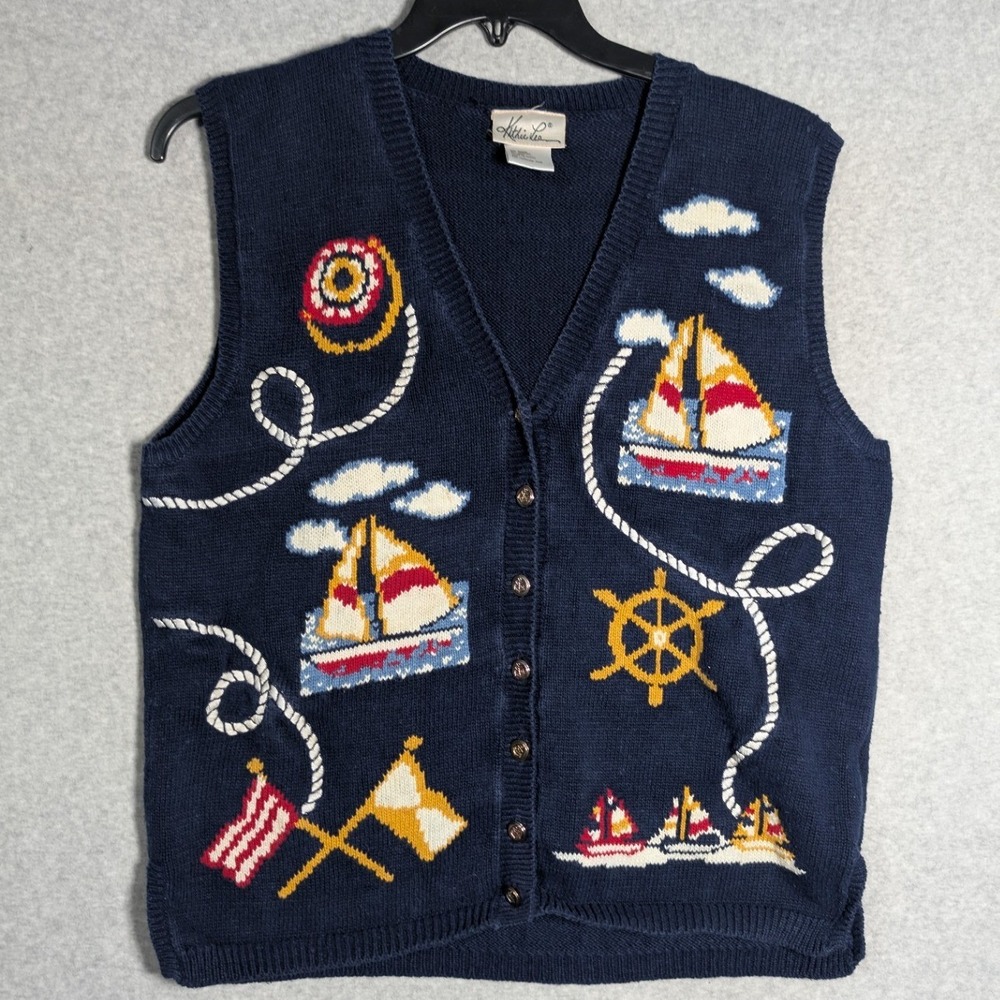 Kathie Lee Sweater Vest Women L Blue Nautical Sailboat Knit Cardigan Ramie‎